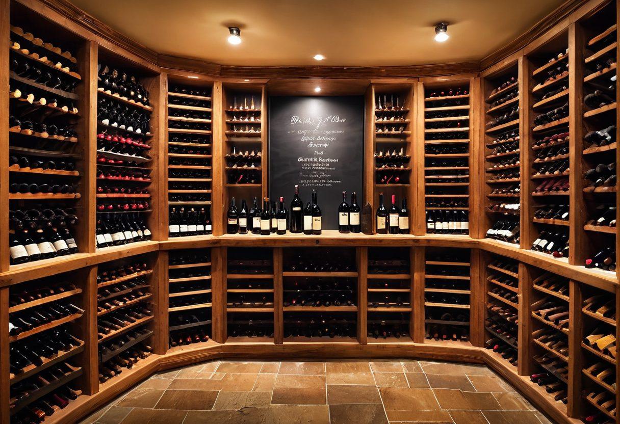 A beautifully arranged wine cellar showcasing an impressive wine collection, with rows of wine bottles in elegant wooden racks, warm ambient lighting, and a vintage barrell enhancing the atmosphere. Include a chalkboard listing wine tasting notes, and a glimpse of wine accessories like corkscrews and glasses. The scene should convey sophistication and care in wine storage. super-realistic. warm colors. soft focus.