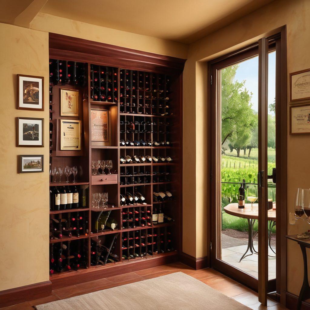 An elegant wine cellar featuring mahogany racks filled with various wine bottles, a stylish wine tasting area with a wooden table and glasses, soft warm lighting creating a cozy atmosphere, and a secure locking mechanism visible on the door. The background includes a beautiful collection of vintage wine posters, and a lush vineyard can be seen through a window. super-realistic. warm colors. inviting ambiance.