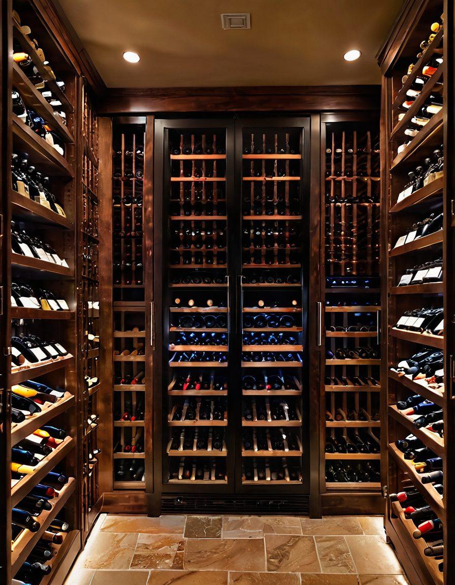 A sophisticated wine cellar showcasing an array of wine bottles stored in climate-controlled racks, with a digital temperature control panel prominently displayed. Soft, warm lighting enhances the rich colors of the wine labels. Include a corkscrew and glasses elegantly placed nearby for added detail. The atmosphere should evoke a sense of luxury and care. super-realistic. warm colors. inviting ambiance.